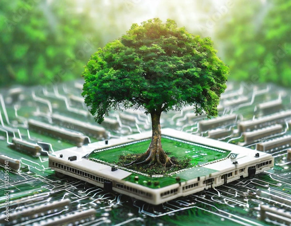 Fototapeta A lush green tree growing from a computer chip in a sustainable tech landscape