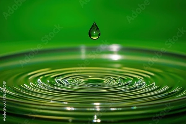 Fototapeta A close-up of a water droplet falling into a pool, creating ripples on a vibrant green background.