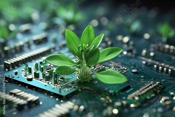 Fototapeta A green plant emerging from a circuit board, symbolizing technology and nature's coexistence