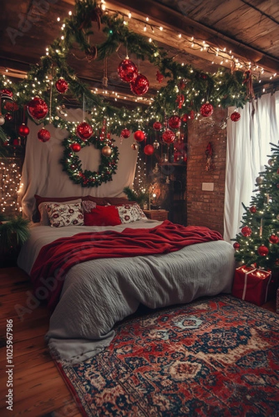 Fototapeta boho style Christmas themed bedroom decorated with garlands, wreaths and lights, a large bed in the middle of it covered by grey fabric, red plush blanket on top, wooden floor, vintage, bohemian rug 