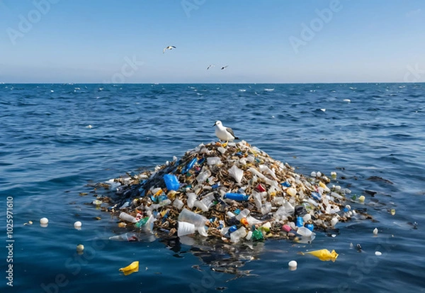Fototapeta A vast amount of plastic trash floats in calm ocean water, with a seabird trapped in a plastic bag against a clear sky backdrop