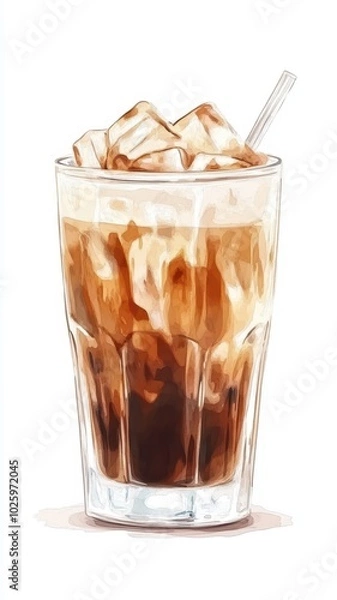 Fototapeta Vector watercolor Iced latte in Plastic cup,caramel,milk coffee,Hand painted watercolor set with coffee drinks for cafe menu,Stunning Coffee Watercolor Paintings with Clipart Elements,copy space.