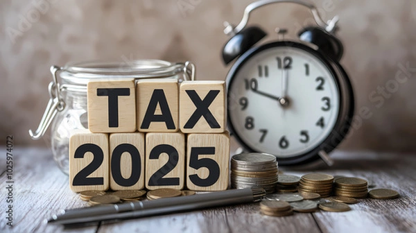 Fototapeta Tax and Vat 2025 Concept. The image shows an alarm clock, a jar of coins, a pen and wooden blocks spelling out "TAX 2025"..ai
