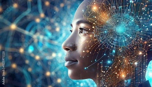 Fototapeta Digital silhouette of a human face with intricate web of neural network pathways symbolizing artificial intelligence and big data analysis
