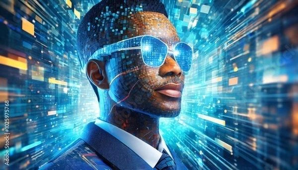 Fototapeta A head shape with glowing neural pathways and complex circuitry evoking AI technology and deep learning systems
