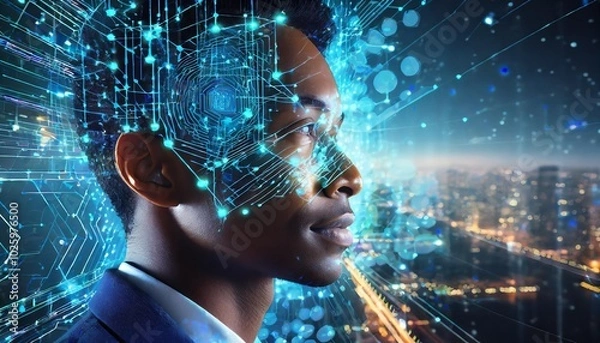 Fototapeta A digital face profile formed from glowing neural connections and circuits symbolizing AI technology and machine learning