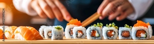 Obraz Handcrafted sushi rolls, vibrant colors, elegant presentation, sushi making process.