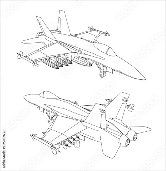 Fototapeta  set of fighter jet plane vector  blueprint line drawing isolated on transparent background