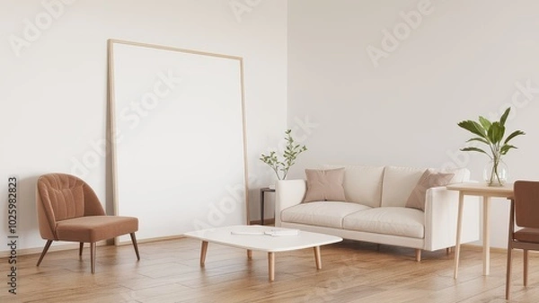 Fototapeta A minimalist living room featuring a light sofa, a wooden coffee table, and a single chair, complemented by plants and a large blank canvas on the wall.
