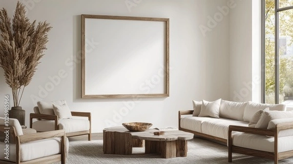 Fototapeta A modern living room featuring minimalist furniture, a large blank frame, and natural decor elements that create a serene atmosphere.