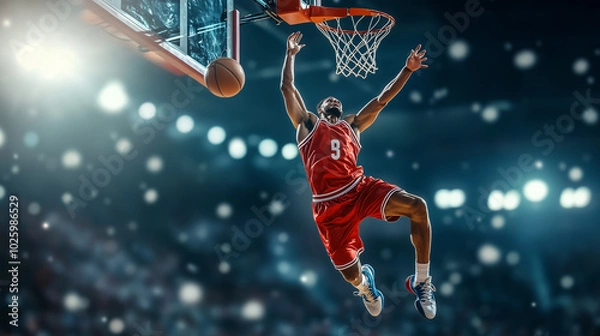 Fototapeta Basketball Star Flying Towards the Basket in Red Uniform During Intense Game