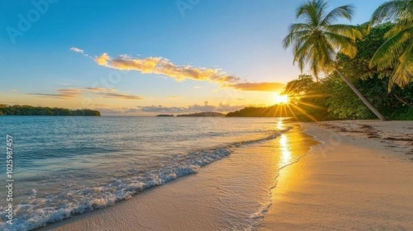 Fototapeta A serene beach at sunset, featuring golden sands, lush palm trees, and gentle waves under a vibrant sky.
