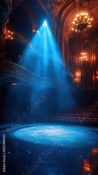 Fototapeta Theater stage illuminated by dramatic blue lighting during a performance at night
