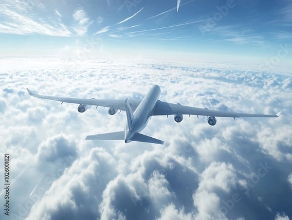 Obraz Airplane flying above fluffy clouds, blue sky backdrop