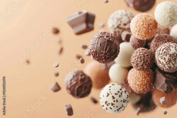 Fototapeta Assorted chocolate truffles and pieces floating in the air, creative dessert photography