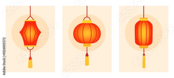 Fototapeta Chinese red holiday glowing lanterns posters set. Asian decoration. Design cartoon elements in flat style. 
