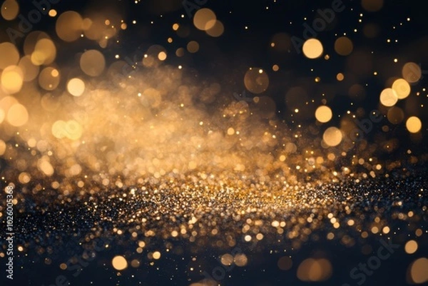 Fototapeta Shimmering golden dust particles flowing over a transparent surface. Festive decoration element. Luxurious golden glimmering dots