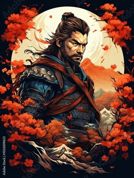 Fototapeta A Samurai Warrior Standing Against a Mountainous Landscape with Cherry Blossoms