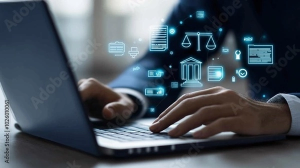 Fototapeta Digital Law and Justice Concept with Laptop Interaction
