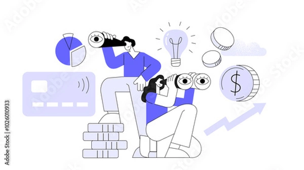 Obraz Concept of searching for money. People with stacks of coins. Flat vector illustration.