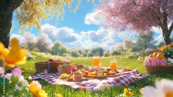 Obraz Relaxing Spring Picnic in a Colorful Meadow with Delicious Food and Refreshing Drinks