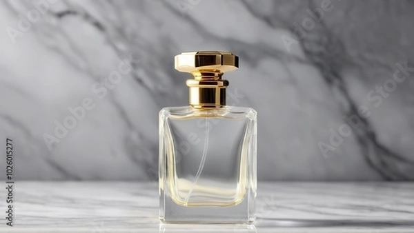 Fototapeta Elegant glass perfume bottle with a golden cap, filled with fragrant liquid, reflecting light on a marble surface, vintage style, luxury and sophistication