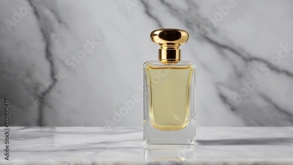 Fototapeta Elegant glass perfume bottle with a golden cap, filled with fragrant liquid, reflecting light on a marble surface, vintage style, luxury and sophistication