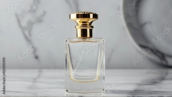 Fototapeta Elegant glass perfume bottle with a golden cap, filled with fragrant liquid, reflecting light on a marble surface, vintage style, luxury and sophistication