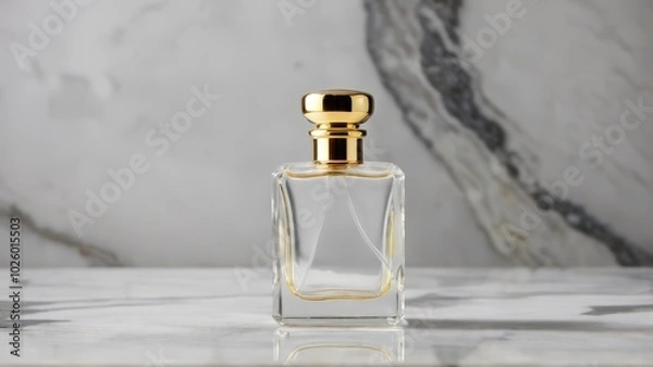 Fototapeta Elegant glass perfume bottle with a golden cap, filled with fragrant liquid, reflecting light on a marble surface, vintage style, luxury and sophistication