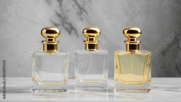 Fototapeta Elegant glass perfume bottle with a golden cap, filled with fragrant liquid, reflecting light on a marble surface, vintage style, luxury and sophistication
