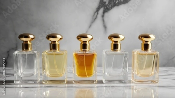 Fototapeta Elegant glass perfume bottle with a golden cap, filled with fragrant liquid, reflecting light on a marble surface, vintage style, luxury and sophistication