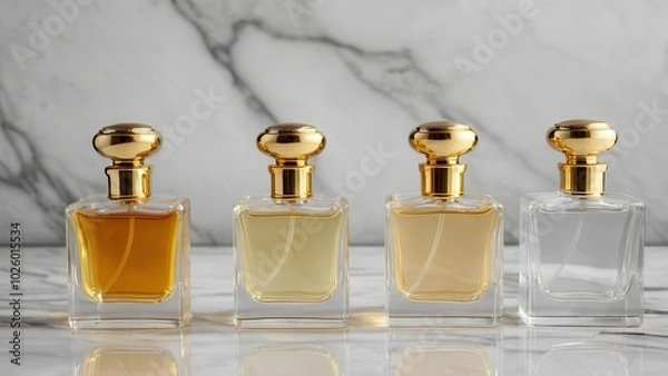 Fototapeta Elegant glass perfume bottle with a golden cap, filled with fragrant liquid, reflecting light on a marble surface, vintage style, luxury and sophistication