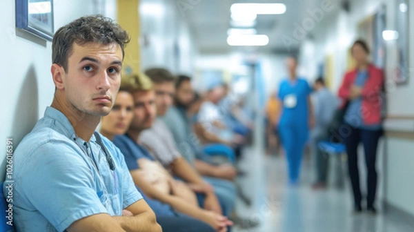 Fototapeta Patients waiting anxiously in a crowded hospital corridor, medical staff in the background, bright artificial lighting. Copy space