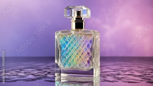 Fototapeta Crystal perfume bottle with a carved pattern, filled with iridescent liquid, standing on a mirrored surface, sparkle and reflections