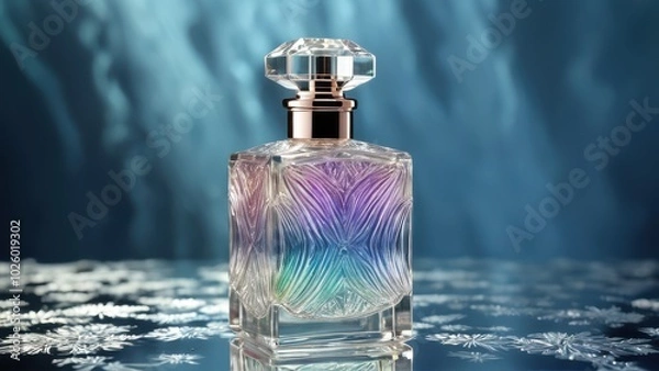 Fototapeta Crystal perfume bottle with a carved pattern, filled with iridescent liquid, standing on a mirrored surface, sparkle and reflections