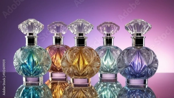 Fototapeta Crystal perfume bottle with a carved pattern, filled with iridescent liquid, standing on a mirrored surface, sparkle and reflections