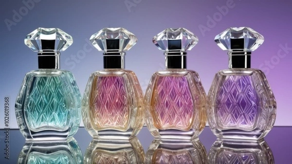 Fototapeta Crystal perfume bottle with a carved pattern, filled with iridescent liquid, standing on a mirrored surface, sparkle and reflections