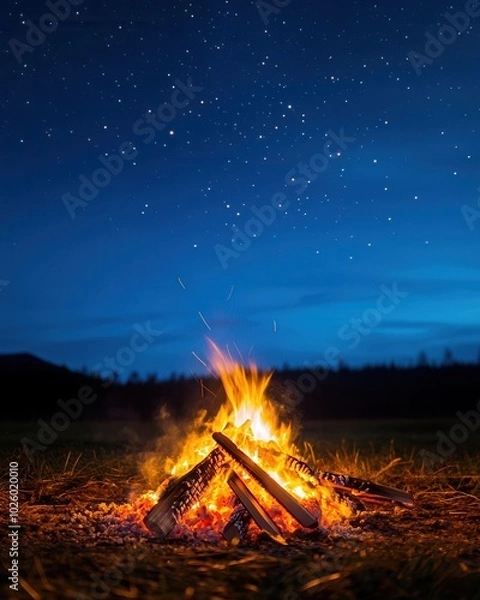 Fototapeta A glowing campfire with stars twinkling above, warm and inviting, night glowtime, outdoor adventure and serenity