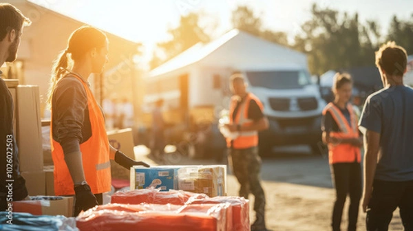Fototapeta Volunteers distributing emergency supplies to disaster victims, with trucks and tents in the background, illuminated by bright sunlight. Copy space