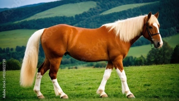 Obraz Beautiful Haflinger horse looking towards the left, showcasing its strong, elegant build. Ideal for equestrian photography, breed identification, or horse-related digital designs