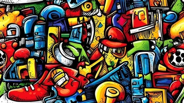 Fototapeta A lively doodle pattern featuring graffiti tags, sneakers, skateboards, and microphones, with abstract urban elements like city skylines and street signs, set against a concrete wall backdrop,