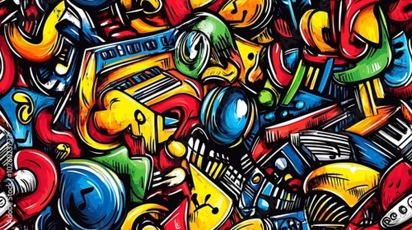 Fototapeta A lively music doodle pattern featuring acoustic guitars, pianos, and microphones, with dynamic lines of musical notes, vinyl records, and headphones, set against a bright and colorful background,