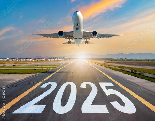 Fototapeta Airplane takes off at sunrise with 2025 inscribed on the airport runway