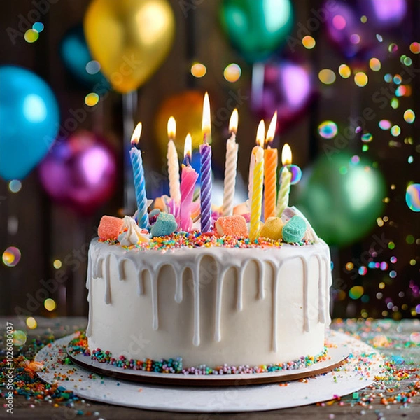 Fototapeta Children celebrate with a colorful firefly cake and candles at a fun birthday party
