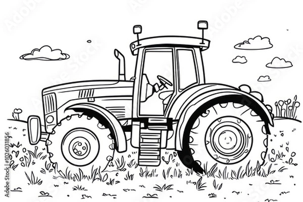 Obraz Tractor, coloring page for kids, line art, black and white.