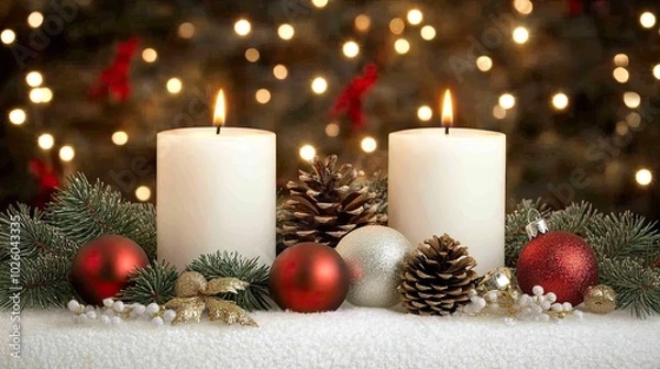 Fototapeta A charming rustic Christmas table setup features white candles, pine cones, and vibrant red ornaments, creating a cozy and inviting atmosphere perfect for holiday gatherings