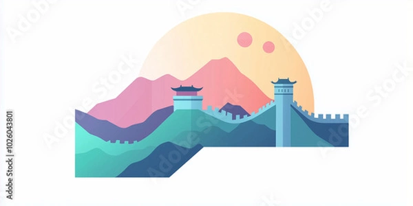 Obraz China. vector illustration of China, mountains. white flat background. landscape. environmental friendly. sun over a mountain, sky, colorful image. representation icon logo.. Asia. Great Wall
