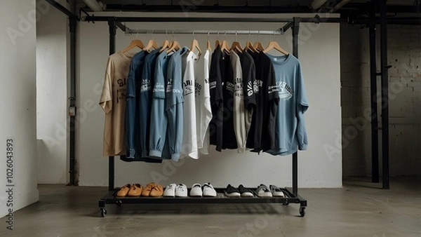 Obraz Minimalist Fashion Display: Oversized Graphic Tees and Baggy Jeans on Racks