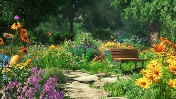 Fototapeta Wooden bench in a beautiful flower garden on a sunny summer day