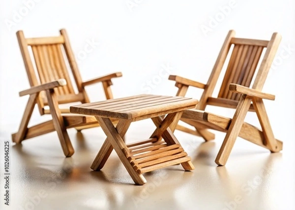 Fototapeta Wooden Table and Deck Chairs on White Background for Relaxation and Leisure